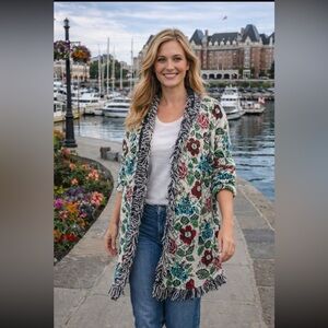 ANTHROPOLOGIE NWOT Aldomartins Floral Intarsia Cardigan Size L.